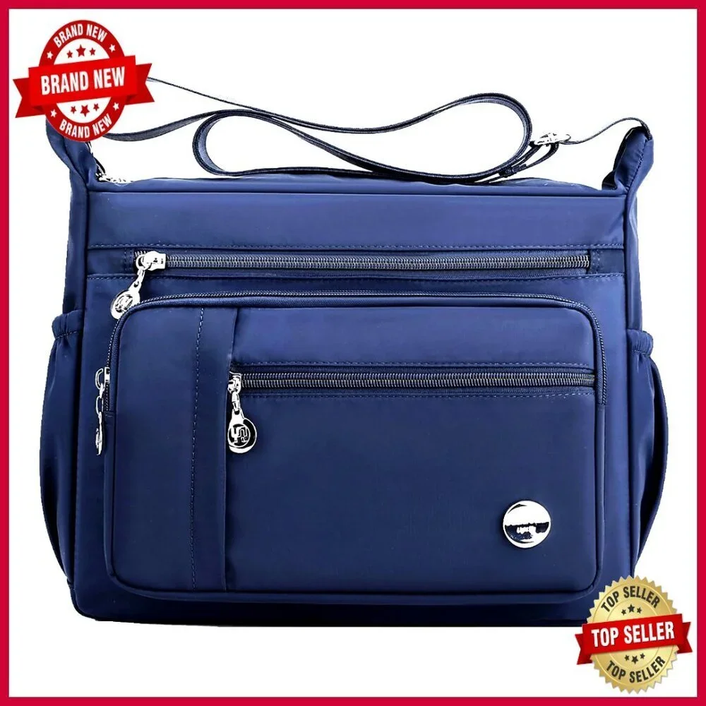 Large Nylon Satchel with 12 Pockets, Adjustable Strap, Waterproof Tote